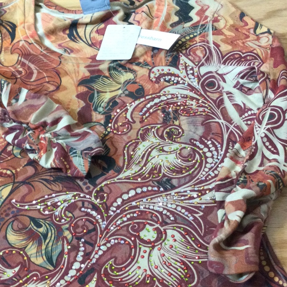NWT L Roz & Ali Multicolor Floral-Print Long Sleeve Sharkbite Tunic - Rust - Picture 9 of 16